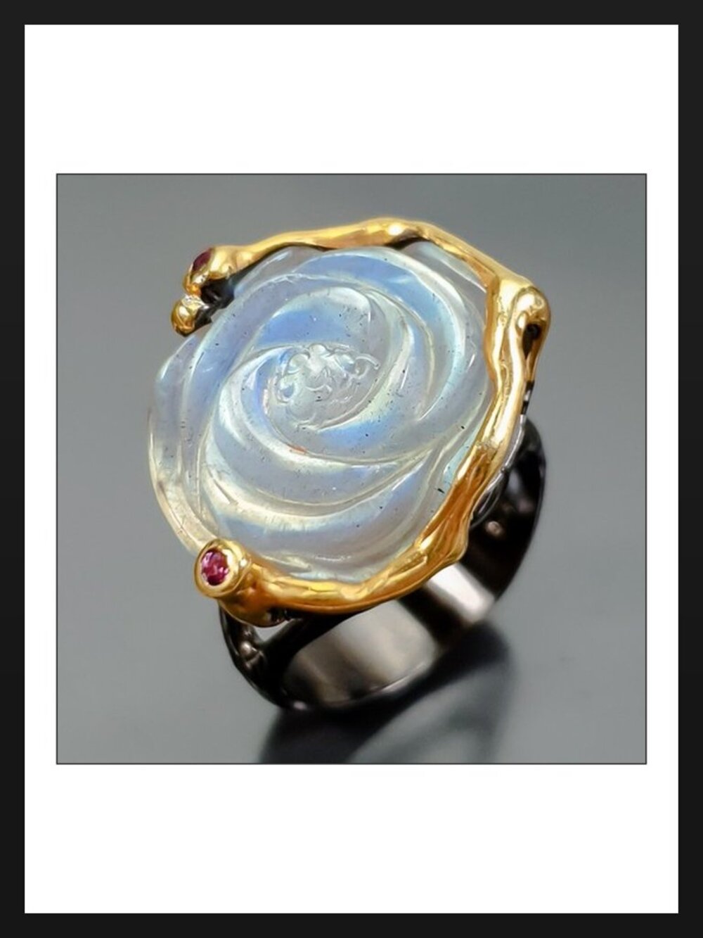 RING AAA 20 ct Natural Carved Labradorite Rose 925